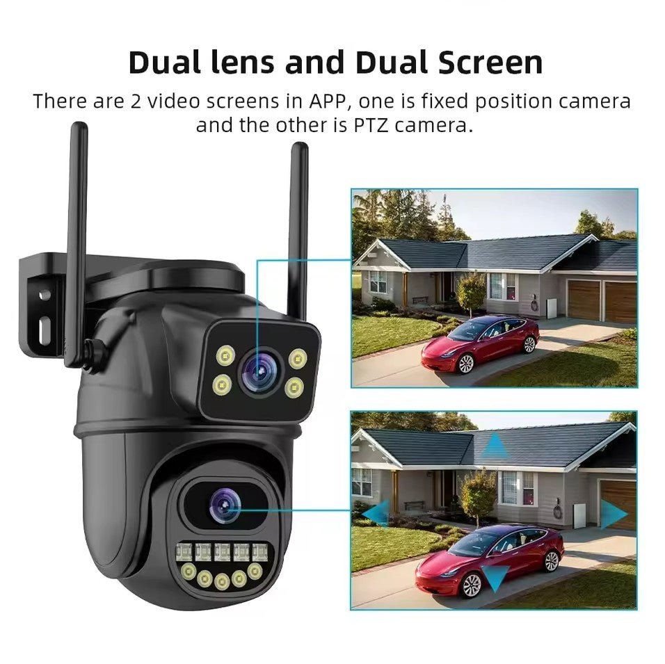 Câmera de vigilância WiFi 4K 8MP, detecção humana por IA, lente dupla, zoom digital 4X, câmeras IP PTZ de segurança externa