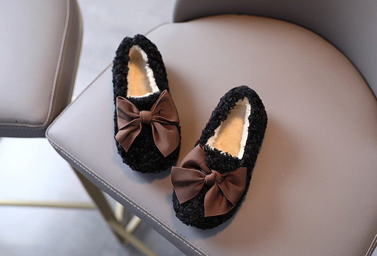 Girls Winter Shoes Cotton-padded Warm Cotton Fur Fluffy Children Flats Kids Loafers Slip-on Princess Sweet Anti-slippery Bowtie