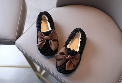 Girls Winter Shoes Cotton-padded Warm Cotton Fur Fluffy Children Flats Kids Loafers Slip-on Princess Sweet Anti-slippery Bowtie