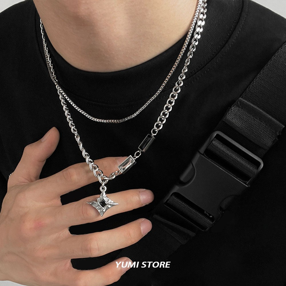 Colar de Hip Hop Zircon Star Camada Dupla Masculino Feminino Tendência Charme Aço Titânio Pingente Corrente Unissex Joias Atacado