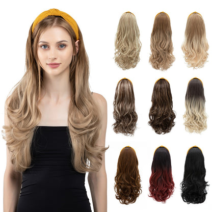 Peruca de Cabelo Sintético Longo Ondulado com Faixa Feminina Ombré Castanho Preto Loiro Cosplay Natural Resistente ao Calor Meia Peruca para Mulheres