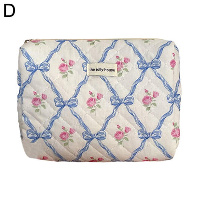 Cute Bow Flower Cloth Handbag Quilting Cotton Makeup Bag Women Zipper Cosmetic Organizer Portable Toiletry Case for Girls