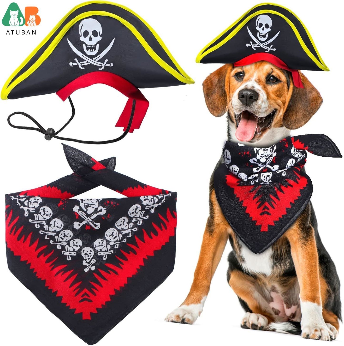 Chapéu de Pirata ATUBAN com Estampa de Caveira para Animais de Estimação com Bandana de Caveira para Cães e Gatos, Boné de Capitão, Fantasia de Pirata para Cosplay de Halloween, Festa de Halloween
