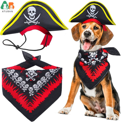Chapéu de Pirata ATUBAN com Estampa de Caveira para Animais de Estimação com Bandana de Caveira para Cães e Gatos, Boné de Capitão, Fantasia de Pirata para Cosplay de Halloween, Festa de Halloween