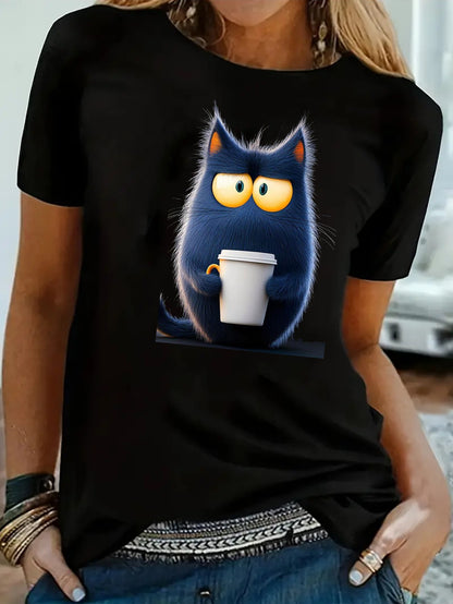 Coffee drinking blue cat print T-shirt, pure cotton material, wearing a cute and playful image