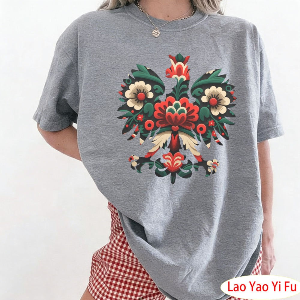 Polish Eagle Shirt Folk Art Christmas Design Clothes Botanical Flowers Tops Summer Women Retro Fashion Graphics Tees
