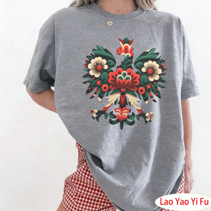 Polish Eagle Shirt Folk Art Christmas Design Clothes Botanical Flowers Tops Summer Women Retro Fashion Graphics Tees