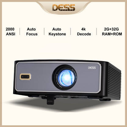 Projetor DESS 4K Decodificação 2000 ANSI BT5.0 WiFi6 Foco Automático Correção Trapezoidal Projetor de Filmes Inteligente 1920×1080P Com Iluminação LED