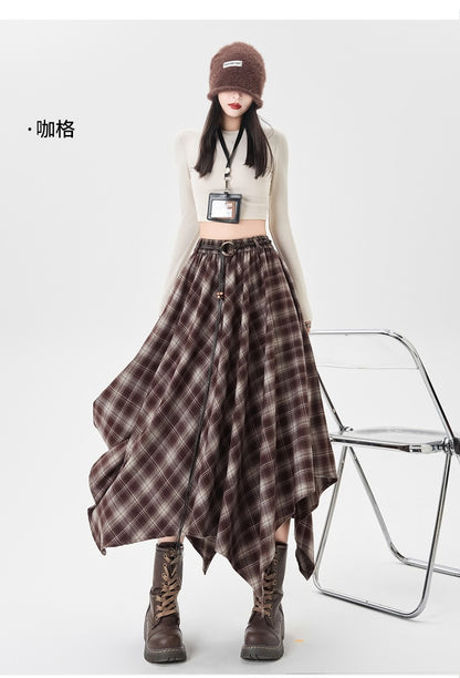 Women Skirt Plaid High Waisted Elastic A Line Mid Length Korean Style Fashion Retro Versatile Irregular Autumn Skirt