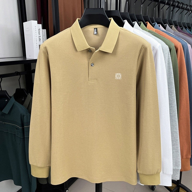 100% pure cotton spring and autumn fashionable men's collar striped long sleeved polo shirt brand embossed casual T-shirt