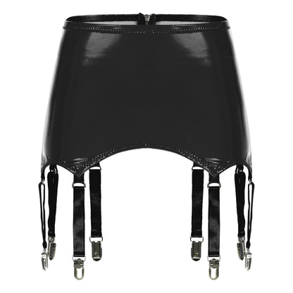 Womens Garters Latex Skirts Ladies Suspender Belt Wet Look Patent Leather Mini Skirts Garters with Metal Clips Clubwear Costume