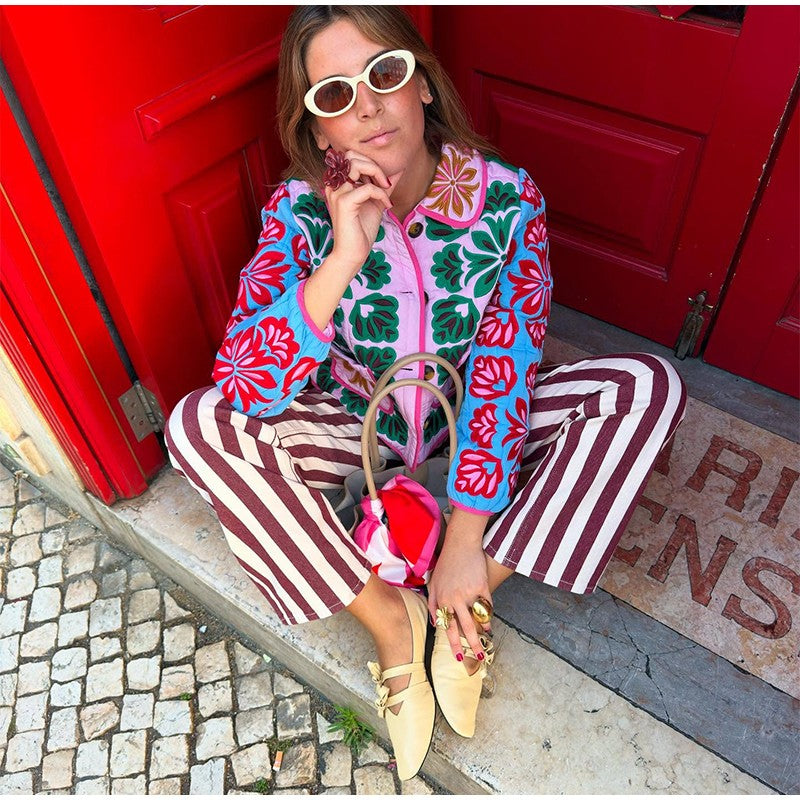 Women's Fashion Print Panelled Quilted Cotton Jacket Long Sleeve Pocket Cardigan Coat 2025 Autumn Winter Daily Casual Outerwear