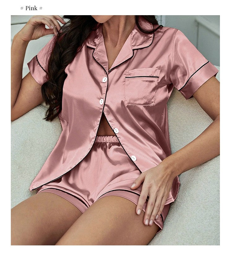 Luxurious Satin Pajama For Women Turn-down Collar Button Top & Shorts Sleepwear & Loungewear for Summer Home Clothes Suit