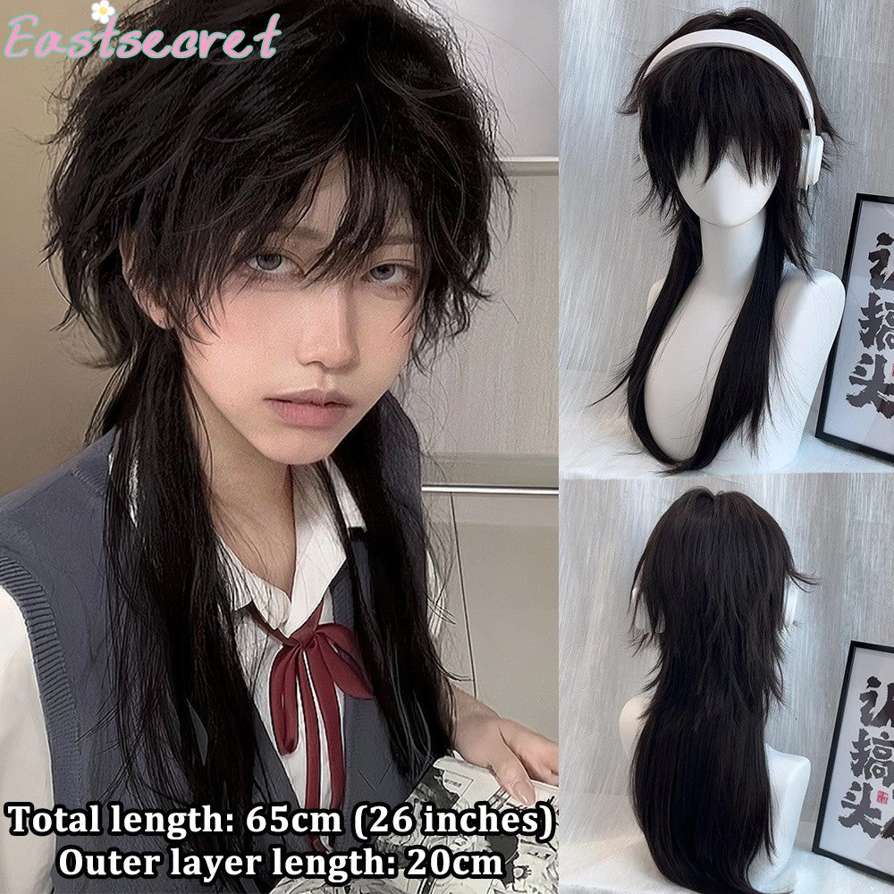 Peruca Sintética Vermelha Longa Reta EAST Mullet Cauda de Lobo em Camadas Fofa Feminina e Masculina para Festa Diária Lolita Cosplay