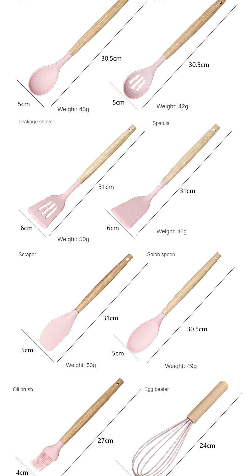 Conjunto de utensílios de cozinha de silicone, 19 peças com cabo de madeira, espátula, panela antiaderente e balde de armazenamento de facas multiuso integrado