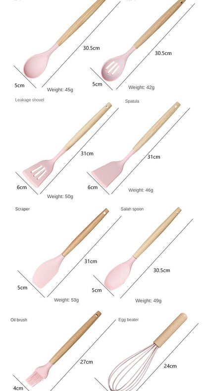 Conjunto de utensílios de cozinha de silicone, 19 peças com cabo de madeira, espátula, panela antiaderente e balde de armazenamento de facas multiuso integrado