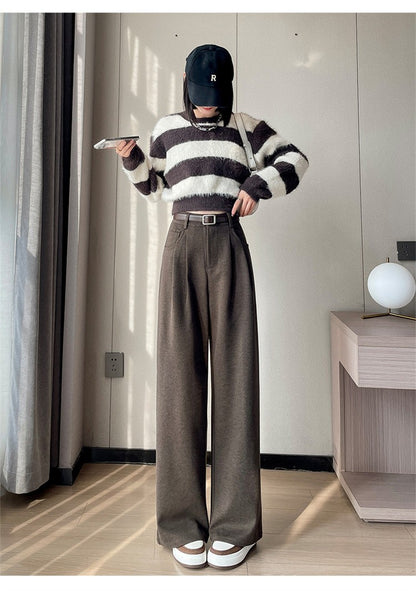 High Quality Woolen Wide Leg Pants Women Streetwear Belt Baggy Black Suit Pants Winter Korean Fashion Casual Straight Trousers
