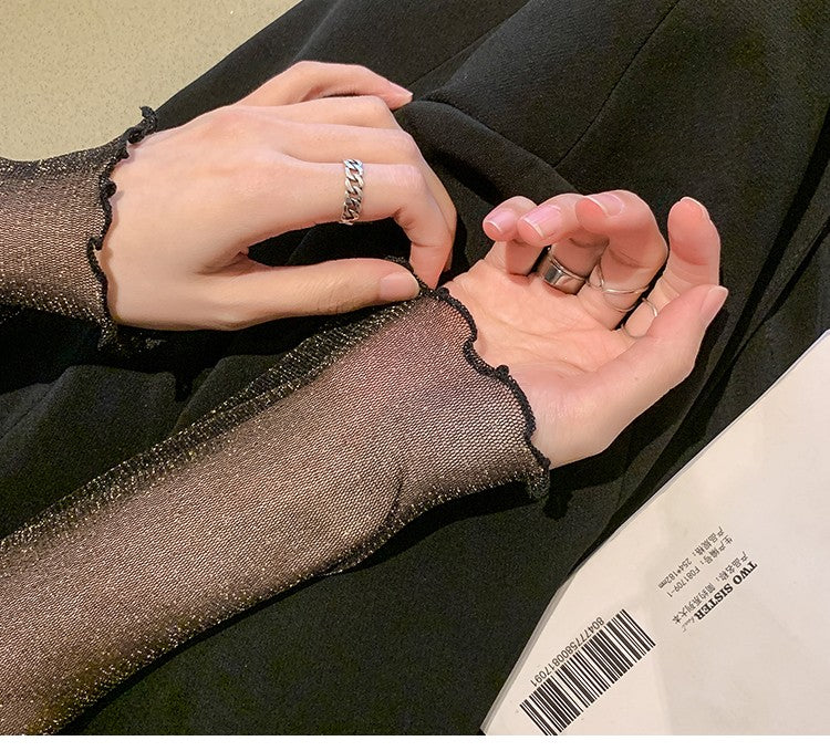 Spring Summer Women's Sexy See Through Mesh Blouse Long Sleeve Transparent Shining Elegant Shirt Fashion Women Tops 2025