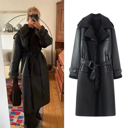 Women's Coat 2025 Autumn New Style Black Long-Sleeve Leather and Fur Integrated Coat with Belt High-End Outerwear Elegant