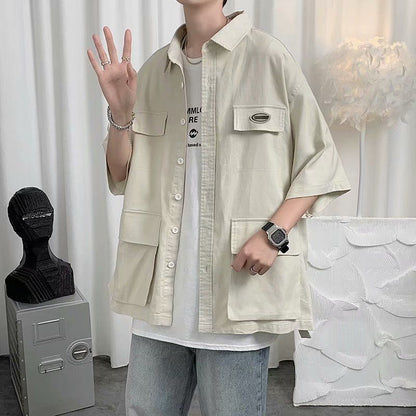Shirts For Men With Pocket Cargo Man Shirt Loose Korean Style Casual Asia Cool Hipster Original Half Sleeve Fashion Collar I Xxl