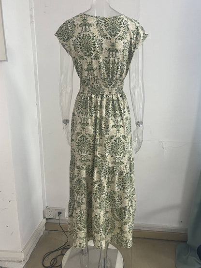 2025 vintage printed dress fashionable and elegant V-neck short sleeved jumpsuit long skirt women's clothing