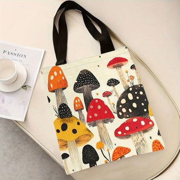 Chic Mushroom Print Canvas Tote Bag - Spacious & Durable Shoulder Bag for Shopping