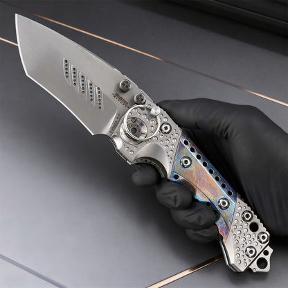 High-end handcrafted heavy-duty folding knife, titanium alloy handle and titanium-baked blue surface, collectible knife, men's g