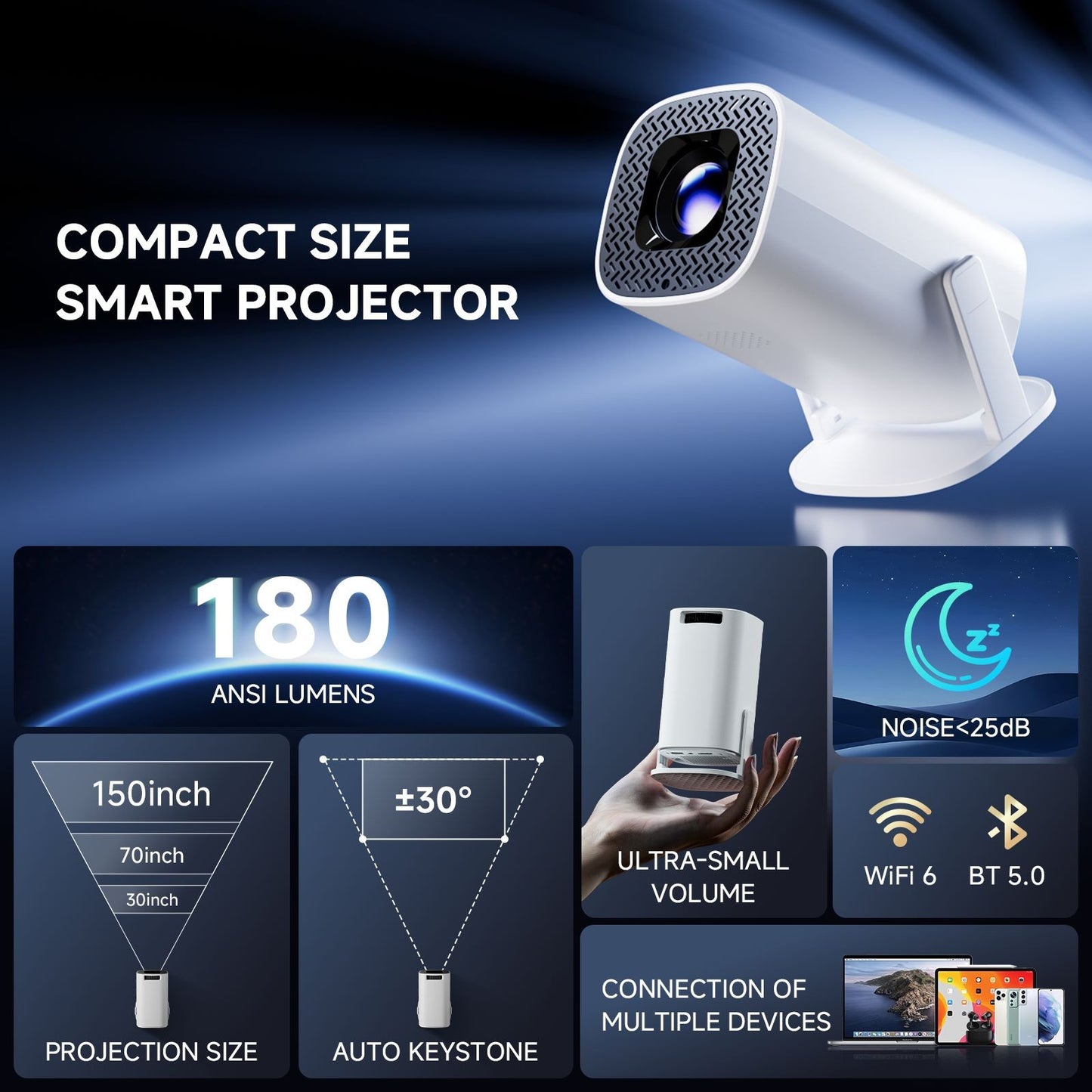 HONGTOP Android 14 P30PRO Supports 720p Screen Mirroring Smart Projector 4K WiFi6 Smart Home Theater Outdoor Portable Projector