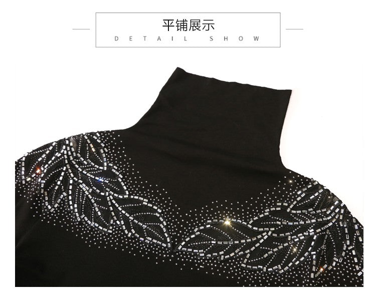 2025 European Station Long Sleeve Women Tees Autumn Winter New Stand collar Hot Diamond T Shirt Fashion Slim Mesh Tops