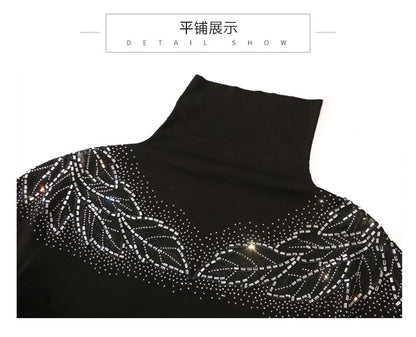 2025 European Station Long Sleeve Women Tees Autumn Winter New Stand collar Hot Diamond T Shirt Fashion Slim Mesh Tops