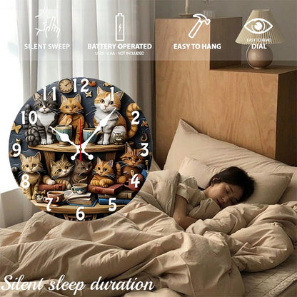 Cat Design Wooden Round Silent Hanging Wall Clock, Suitable For Living Room, Office, Study Room, Bedroom, Home Decoration