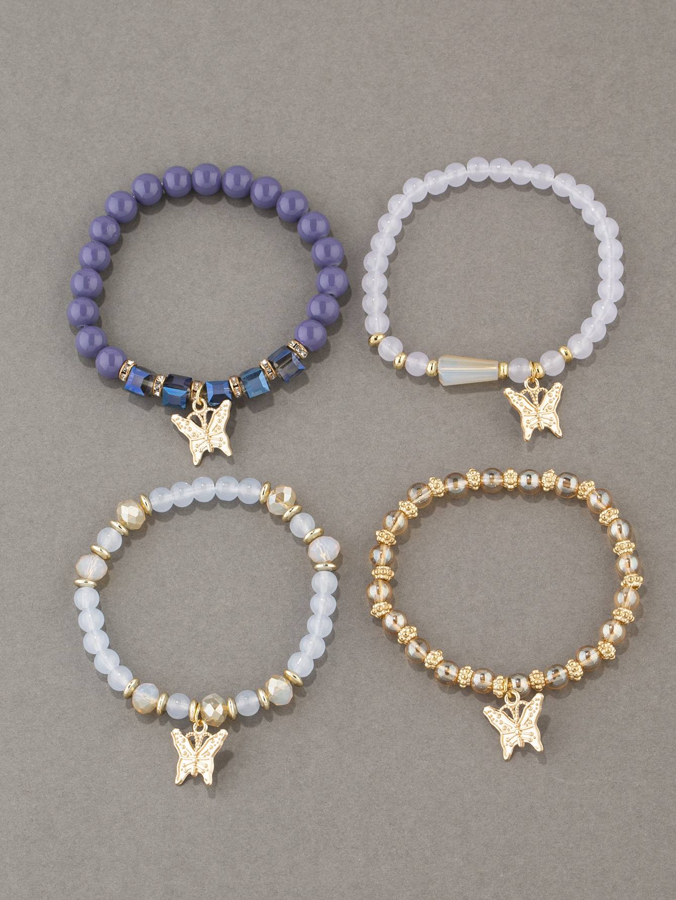 Conjunto de Pulseiras Femininas Boho com 4 Peças, Borboleta, Cristais e Miçangas, Joias da Moda, Presente para Festas