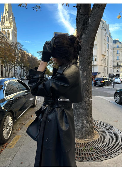 Lautaro Spring Autumn Extra Long Black Pu Leather Trench Coat for Women with Back High Slit Luxury Chic European Fashion 2024