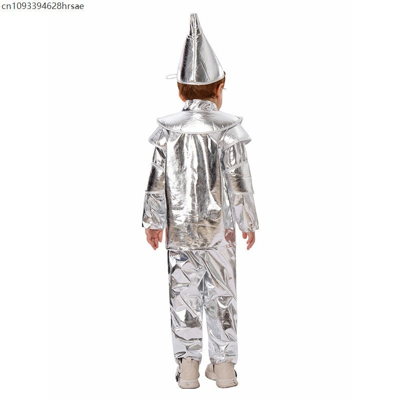 2025 New Arrival Silver Red Heart Wizard Boy Oz Tin Man Halloween Costume For Kids
