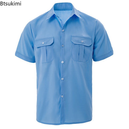 New 2025 Men's Summer Short Sleeve Solid Safari Shirt Loose Casual Cargo Shirt Double Pocket Lapel Button-up Men Work Shirt Tops