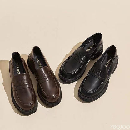 Sapatos Casuais Femininos de Couro Moda Saltos Grossos Cor Sólida Respirável Mocassins Confortáveis Saltos Altos Femininos Zapatos