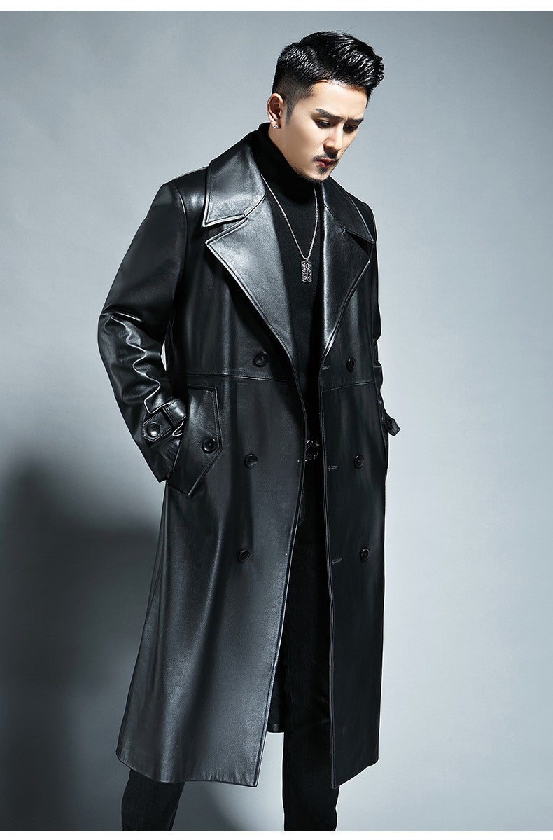 Mauroicardi Spring Autumn Long Cool Waterproof Black Pu Leather Trench Coat Men Double Breasted Plus Size Outerwear 4xl 5xl 2022