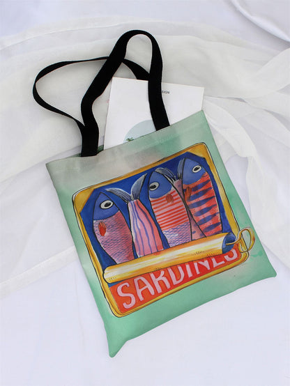 Colorful Trendy Sardines Printe Casual Handbag, Reusable Fashionable Backpack, Multifunctional Tote Bag Polyester Shopping Bag