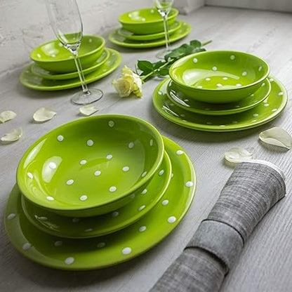 Handmade Lime Green and White Polka Dot Ceramic 12 piece Dinnerware Set | Pottery Tableware Service for 4 | Dinner Plates | Side