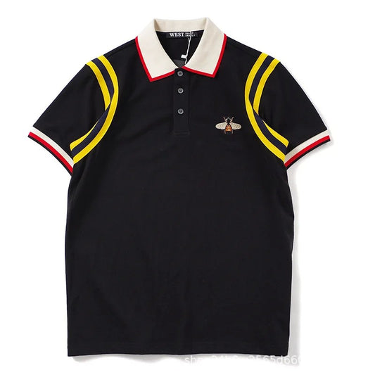 Trendy Gg European American Style Embroidered Small Bee Black Short Sleeve Stand Collar T-shirt Loose Fit Polo Shirt