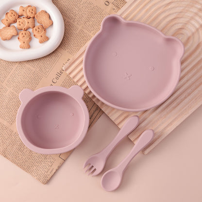 Color Kids 4PCS Silicone Feeding Tableware Set Baby Newborn Items Sucker Dishes Spoon Fork Bowls Food Training Essentials