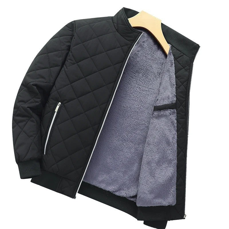 Diamond Pattern Fleece Lined Bomber Jacket Men Autumn Winter Business Jackets Men Fashion Clothing 2025 Brand Thick Slim Coat