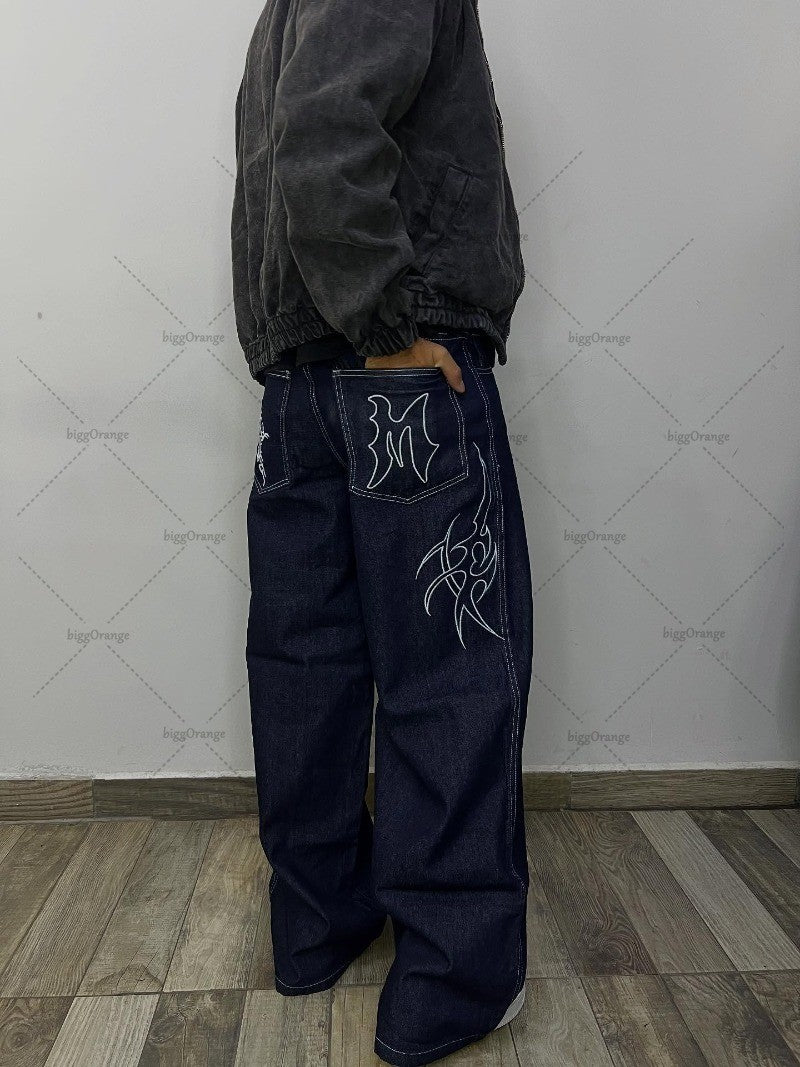 Retro Gothic Street Clothing Fashion Hip Hop American Loose Straight Wide Legs Women Line Harajuku Oversized Washed Jeans Men