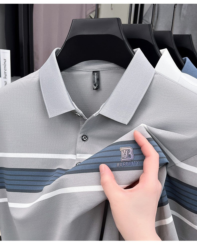 Advanced trend brand men's short sleeve polo shirt luxury striped summer breathable casual fashion letter embossed new T-shirt