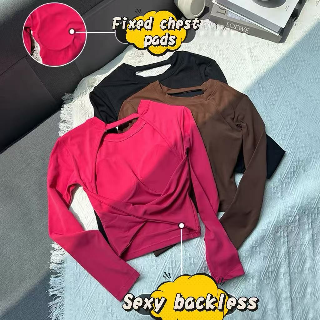 Yoga Long Sleeved Women's Fixed Chest Cushion Sexy Backless Short Sports T-shirt With Waist Cinching And Slimming Fitness Vest