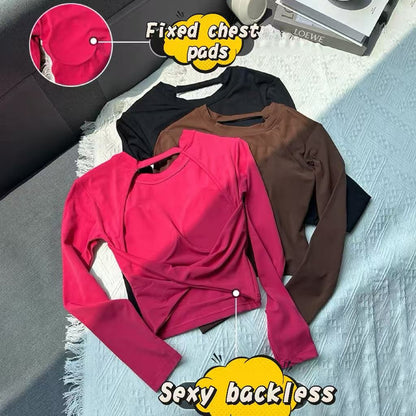 Yoga Long Sleeved Women's Fixed Chest Cushion Sexy Backless Short Sports T-shirt With Waist Cinching And Slimming Fitness Vest