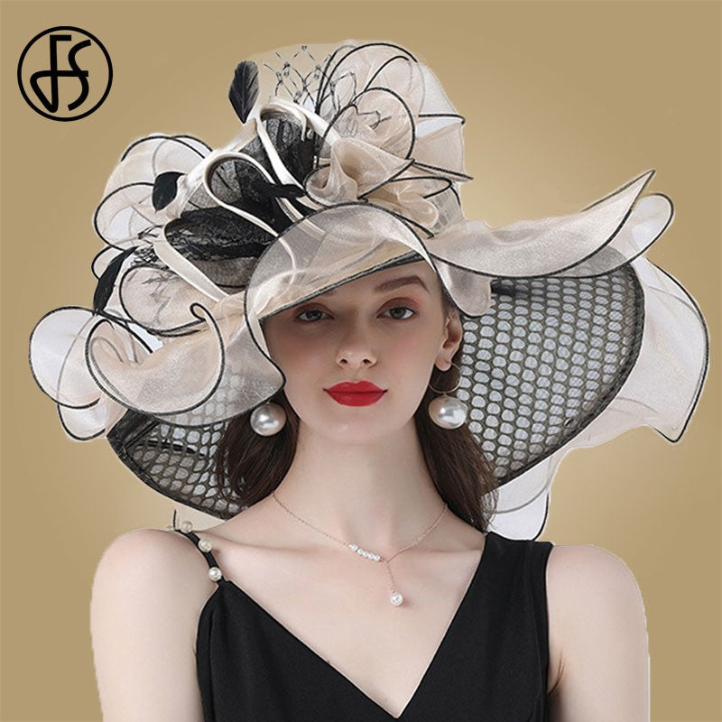 FS Mulheres Organza Vermelha Chapéus Casamento Fascinadores Elegante Grande Aba Larga Fedora Kentucky Derby Chapéus Festa Formal Igreja Chapéu Feminino