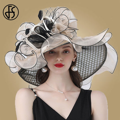 FS Mulheres Organza Vermelha Chapéus Casamento Fascinadores Elegante Grande Aba Larga Fedora Kentucky Derby Chapéus Festa Formal Igreja Chapéu Feminino