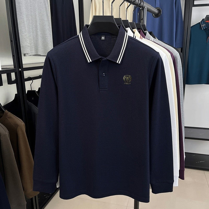 100Cotton Luxury Quality Men's Polo Shirt Striped Collar Breathable V-Print Long Sleeve Autumn Lapel T-Shirt Business Menswear