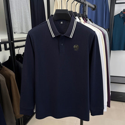 100Cotton Luxury Quality Men's Polo Shirt Striped Collar Breathable V-Print Long Sleeve Autumn Lapel T-Shirt Business Menswear